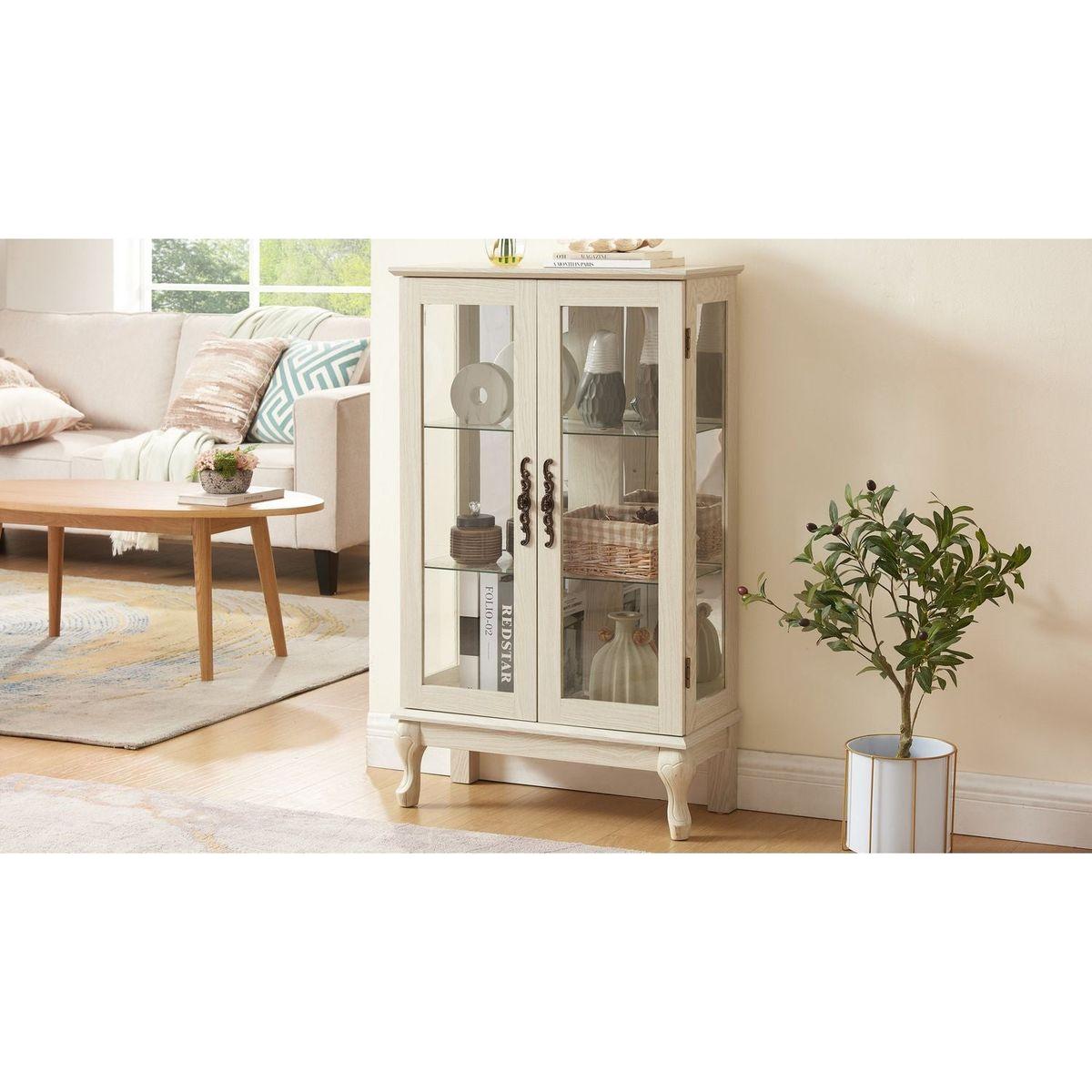 2 Doors Curio Cabinet with Tempered Glass Doors, Curio Cabinets with Mirrored Back Panel and Adjustable Shelves, Lighted Display Cabinet for Home, Office Light Bulb Included White