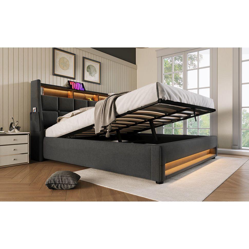 Full size Upholstered Platform bed with a Hydraulic Storage System, LED and USB Charging, Grey (without mattress)