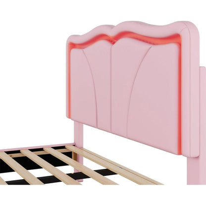 Full Size Upholstered Platform Bed with Curve Shaped and Height-adjustbale Headboard,LED Light Strips,Pink