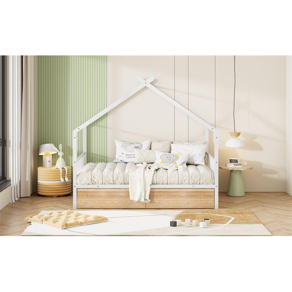 Full Size Metal House Bed with Two Drawers, White