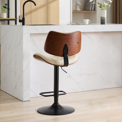 Walnut Bentwood Bar Stools Mid Century Modern Adjustable Counter Height Black Leather Upholstered 360Swivel Bar Chairs for Kitchen Island/Dining Room/Cafe, 1 chair/1carton,Beige