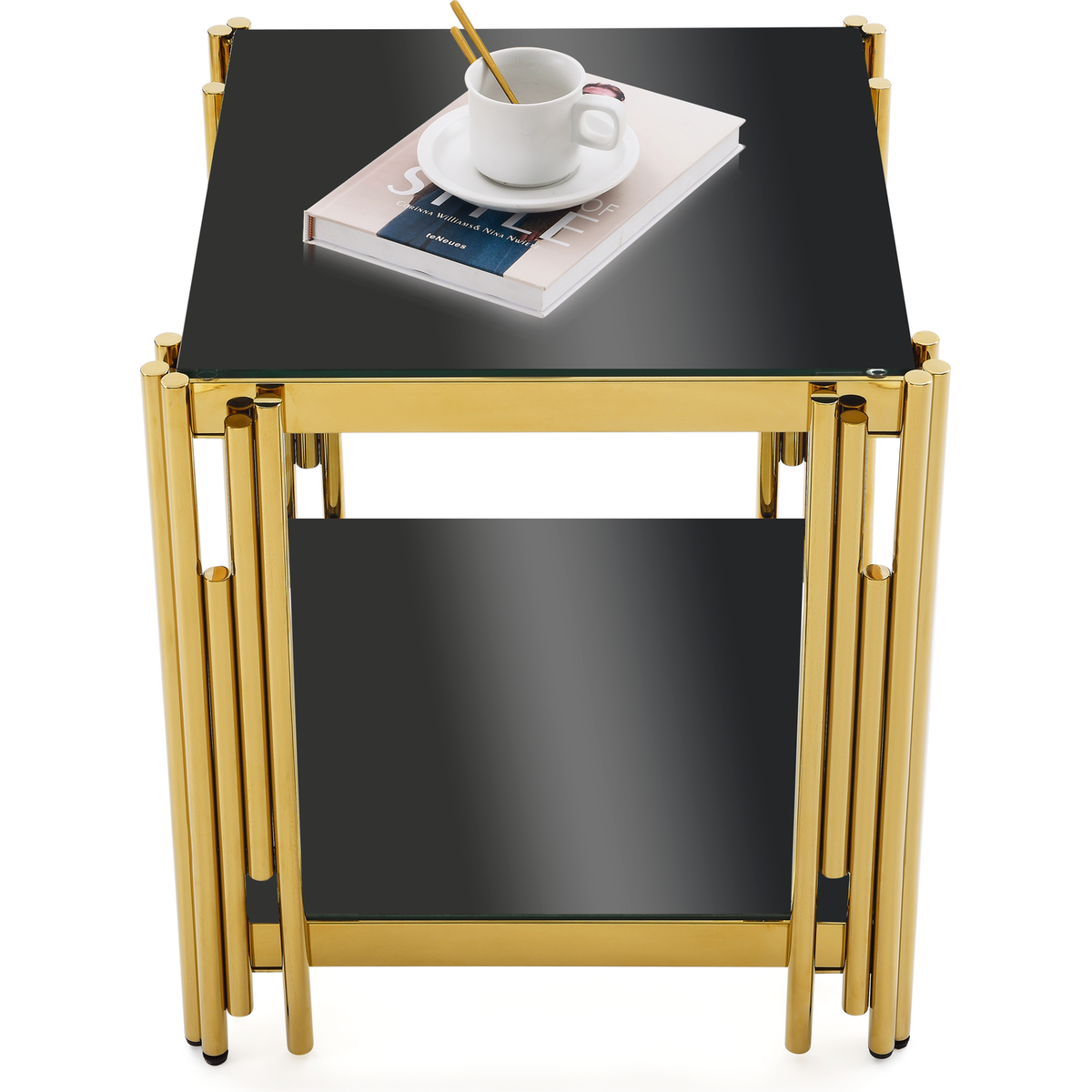 Woker Furniture 20" Wide Square End Table with Black Glass Top, Golden Stainless Steel Tempered Glass End Table for Living Room&Bed Room