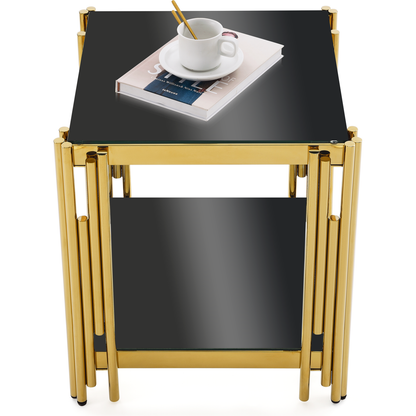 Woker Furniture 20" Wide Square End Table with Black Glass Top, Golden Stainless Steel Tempered Glass End Table for Living Room&Bed Room
