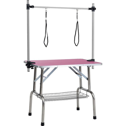 46" Folding Dog Pet Grooming Table Stainless Steel Frame Rubber Mat on Board with Adjustable Arm and Clamps pet dog Cat Grooming Table (PINK COLOR)