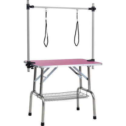 42" Folding Dog Pet Grooming Table Stainless Steel Frame Rubber Mat on Board with Adjustable Arm and Clamps pet dog Cat Grooming Table (PINK COLOR)