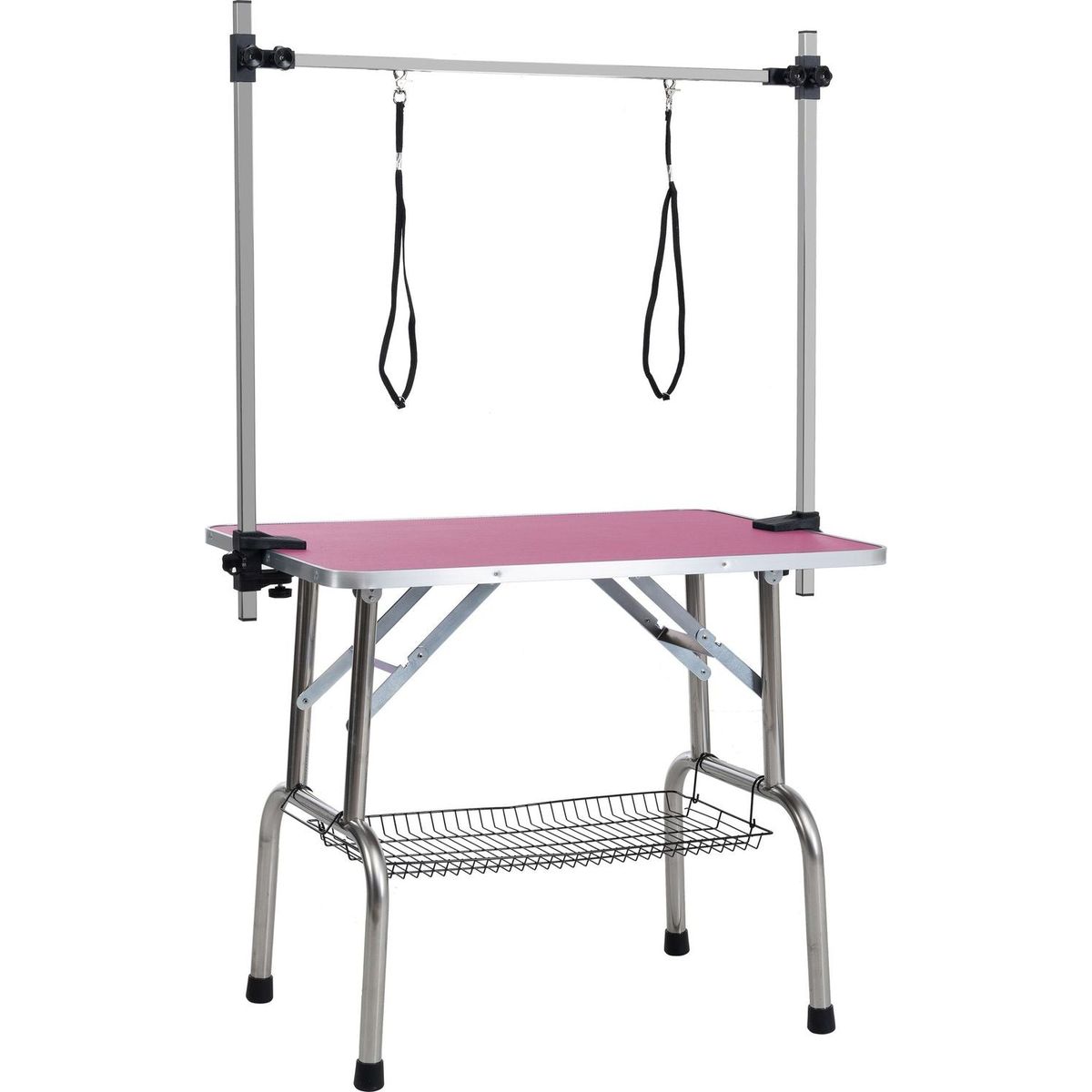 36" Folding Dog Pet Grooming Table Stainless Steel Frame Rubber Mat on Board with Adjustable Arm and Clamps pet dog Cat Grooming Table (PINK COLOR)