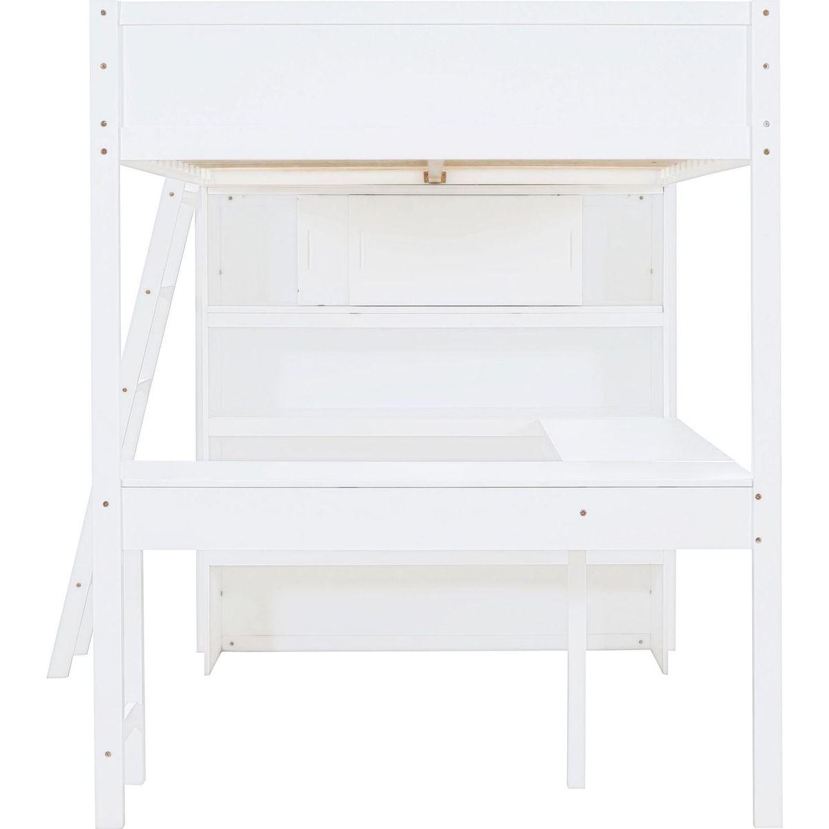 Full Size Loft Bed with Desk and Shelf - White