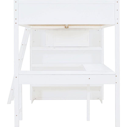 Full Size Loft Bed with Desk and Shelf - White