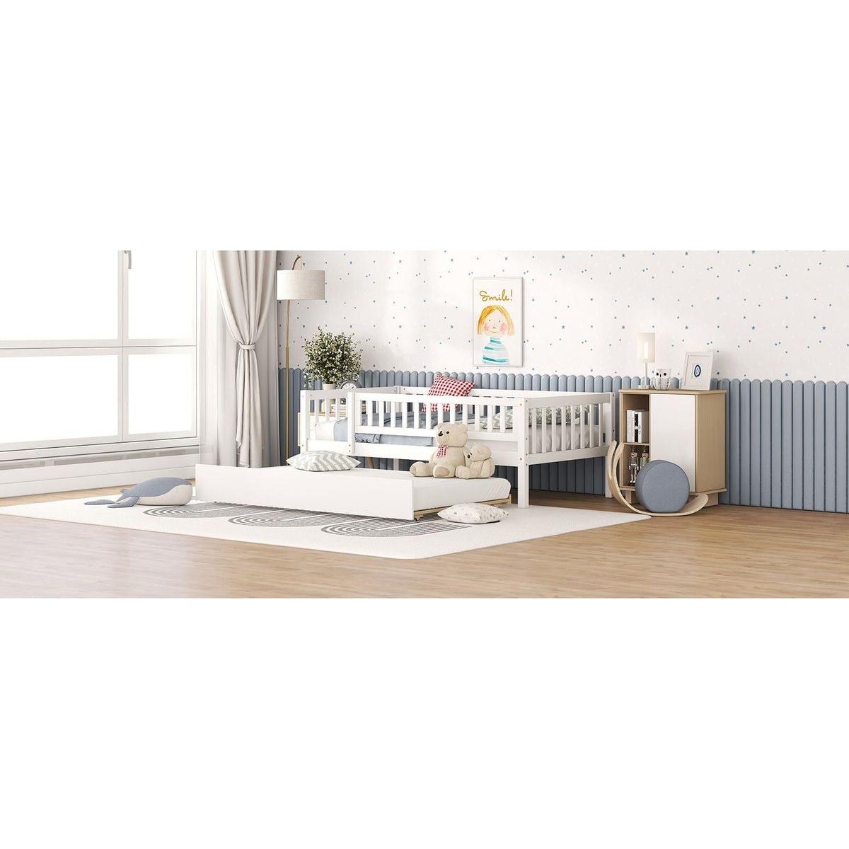 Twin Size Wood Daybed with Trundle and Fence Guardrails, White