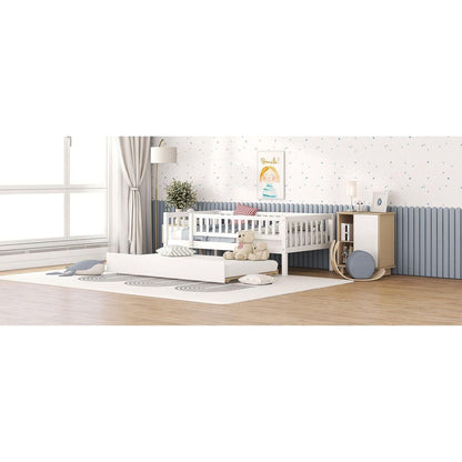 Twin Size Wood Daybed with Trundle and Fence Guardrails, White