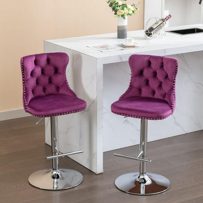 Swivel Velvet Barstools Adjusatble Seat Height from 25-33 Inch, Chrome base Bar Stools with Backs Comfortable Tufted for Home Pub and Kitchen Island, Purple,Set of 2