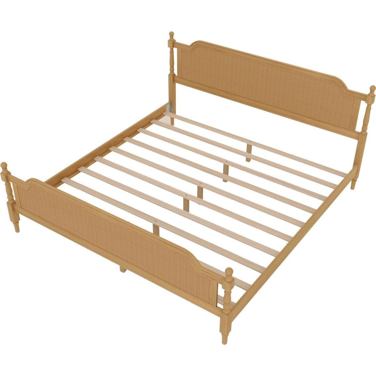 Traditional Style Rattan King Size Bed Frame,No Box Spring Needed,Antique Walnut