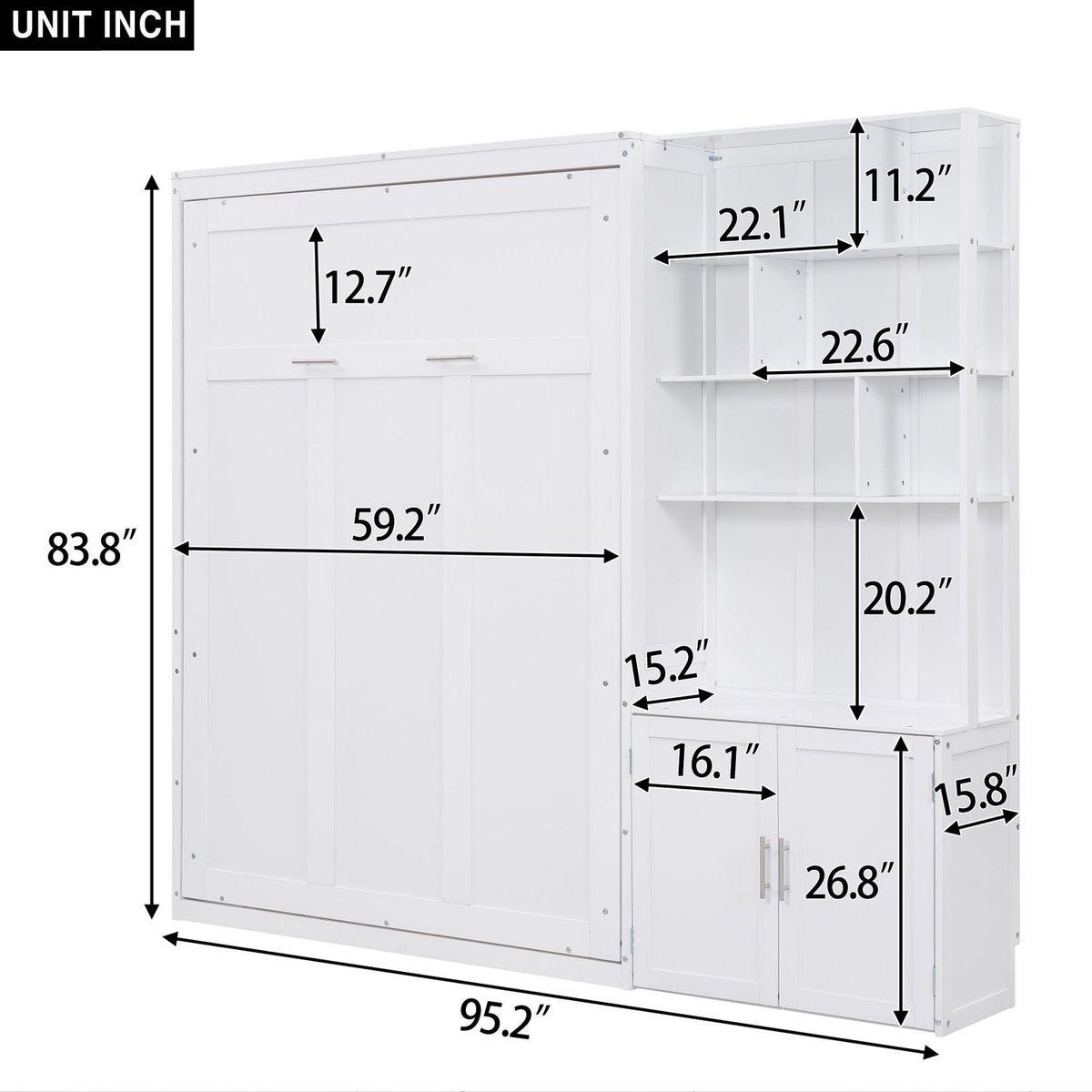 Full Size Murphy Bed with Multiple Storage Shelves and A Cabinet, White