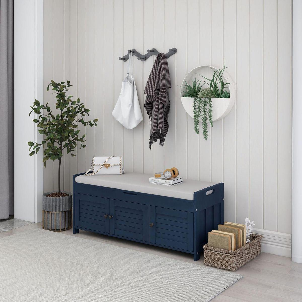 Storage Bench with 3 Shutter-shaped Doors, Shoe Bench with Removable Cushion and Hidden Storage Space (Antique Navy