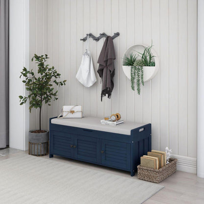 Storage Bench with 3 Shutter-shaped Doors, Shoe Bench with Removable Cushion and Hidden Storage Space (Antique Navy