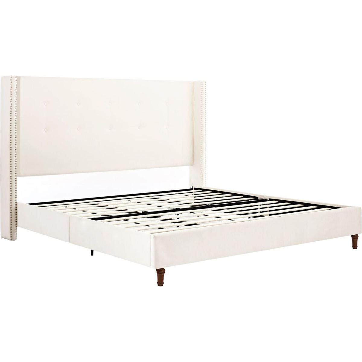 Upholstered King Bed / 54" High Headboard / Traditional Hand Buttoned Tufting / Nailhead Trim Wingback / No Box Spring Needed / Easy Assembly / Ivory Velvet