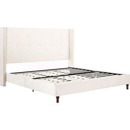 Upholstered King Bed / 54" High Headboard / Traditional Hand Buttoned Tufting / Nailhead Trim Wingback / No Box Spring Needed / Easy Assembly / Ivory Velvet