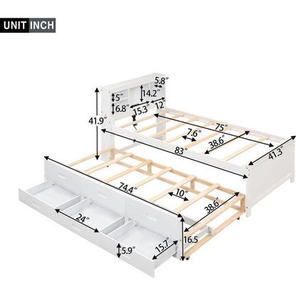 Twin Size Platform Bed with Storage Headboard, USB, Twin Size Trundle and 3 Drawers, White