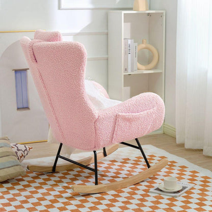 Rocking Chair Nursery, Teddy Upholstered Rocker Glider Chair with High Backrest, Adjustable Headrest & Pocket, Comfy Glider Chair for Nursery, Bedroom, Living Room, Offices, Rubber wood, pink