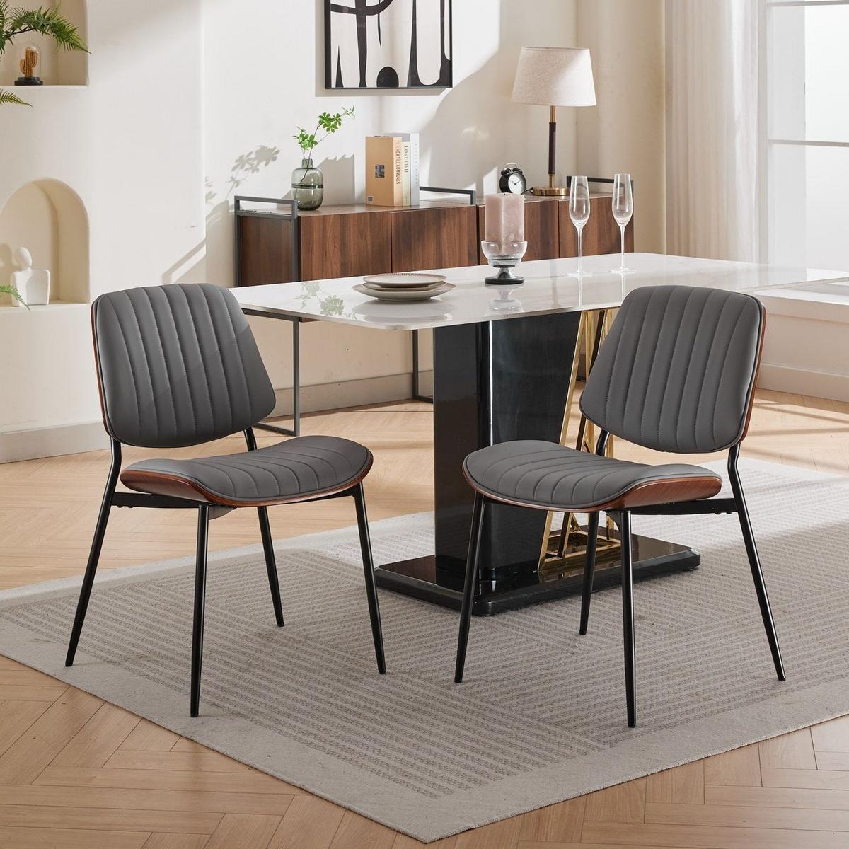 Dining Chairs Set of 2 Mid Century Modern Retro Faux Leather Chair with Walnut Bentwood Back Upholstered Seat Metal Legs Adjustable Foot for Kitchen Dining Room Chairs(Gray PU)