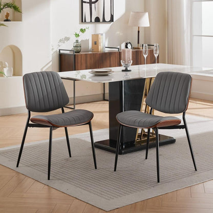 Dining Chairs Set of 2 Mid Century Modern Retro Faux Leather Chair with Walnut Bentwood Back Upholstered Seat Metal Legs Adjustable Foot for Kitchen Dining Room Chairs(Gray PU)