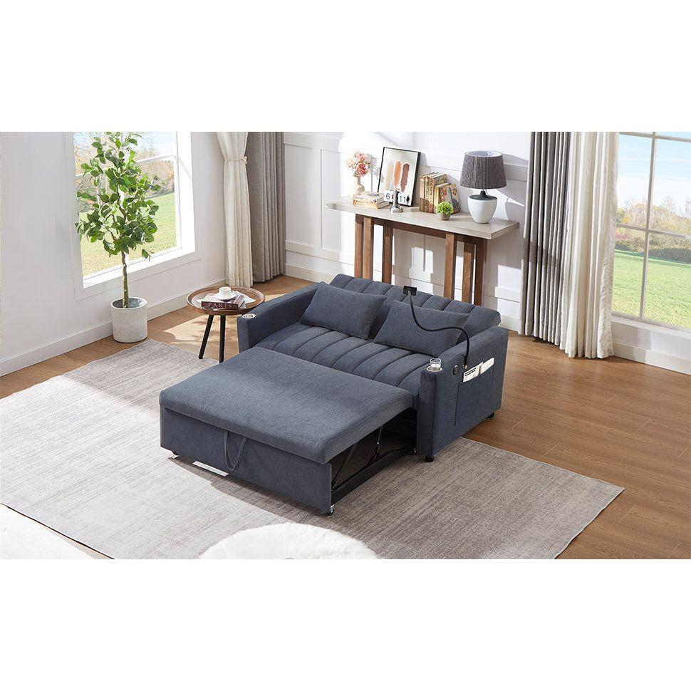 55.9" Convertible Sofa Bed Loveseat Sofa with Three USB Ports, Two Side Pockets, Two Cup Holders and 360Swivel Phone Holder for Living Room, Blue Grey