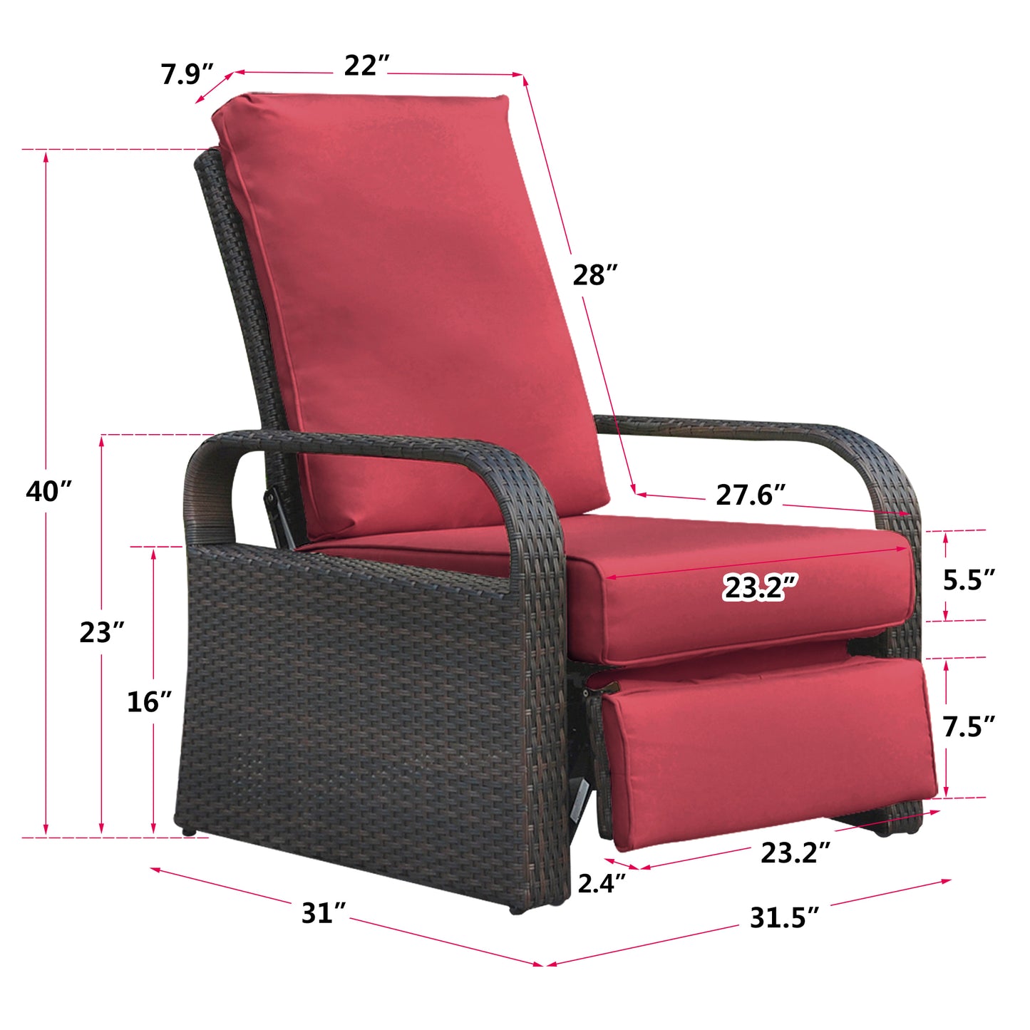 Outdoor Garden Recliner Chair, Automatic Adjustable Wicker Lounge Recliner Chair with Comfy Thicken Cushion, All Weather Aluminum Frame, Brown Wicker + Red Cushion