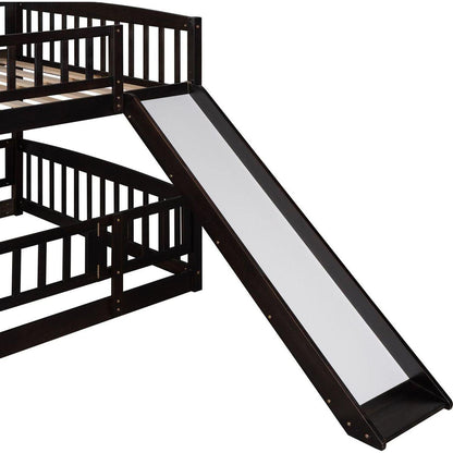 Bunk Bed with Slide,Full Over Full Low Bunk Bed with Fence and Ladder for Toddler Kids Teens Espresso