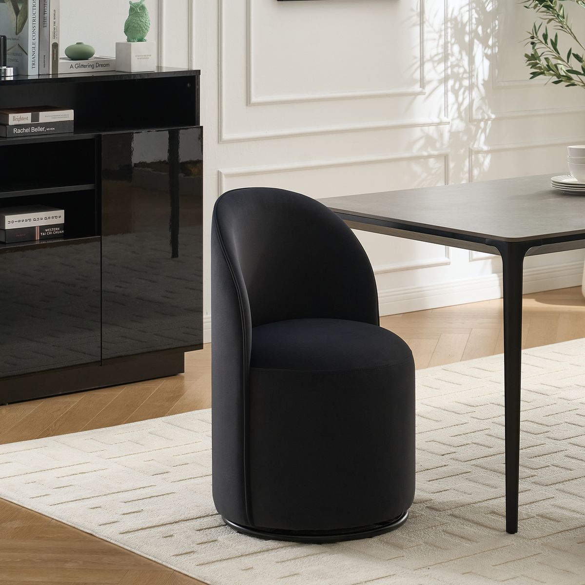 Set Of 1 Upholstered Kitchen & Dining Room Barrel Chair, Mid Century Modern Round Velvet Dining Chair, 360 Degree Swivel Comfy Armless Accent Makeup Vanity Side Chair for Bedroom Living Room