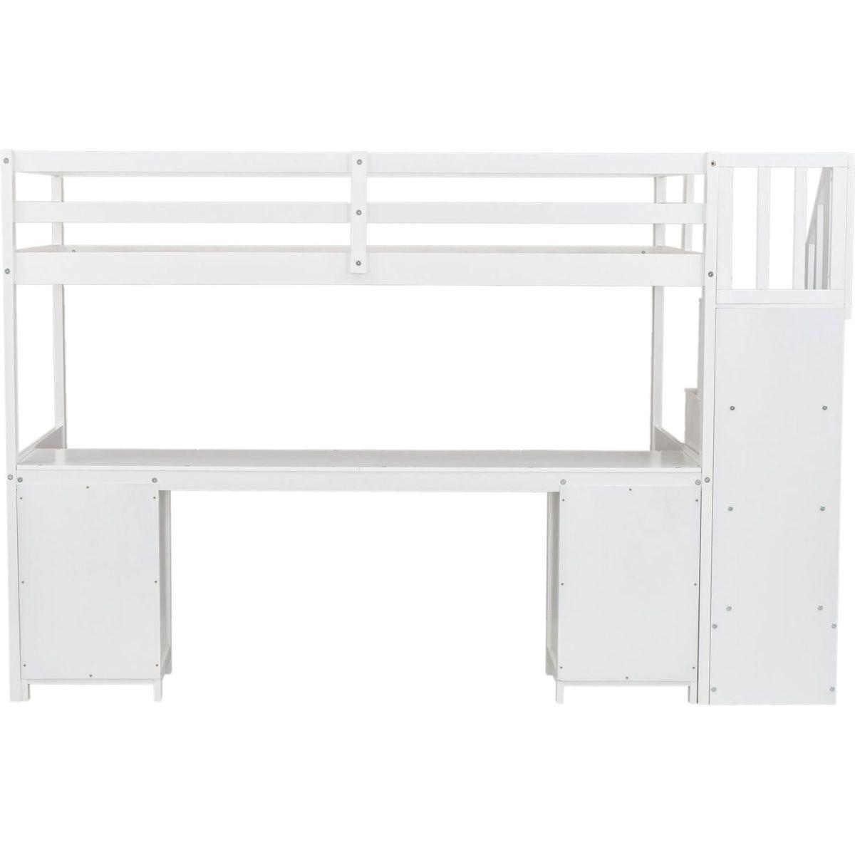 Twin Size Loft Bed Frame with Built-in Desk and Double Storage Drawers,White