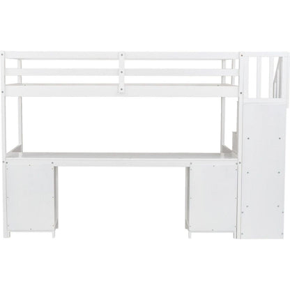 Twin Size Loft Bed Frame with Built-in Desk and Double Storage Drawers,White