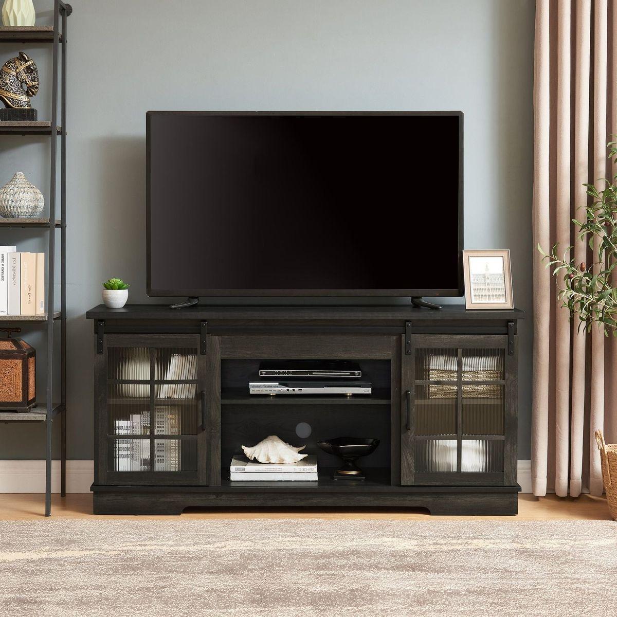 Multipurpose Sliding Door TV Stand Large Storage Cabinet with 2 Sliding Fluted Glass Tempered Doors, TV Up to 65", TV Desk Storage Rack, Charcoal GREY, 59.13"Wx15.94"Dx27.8"H