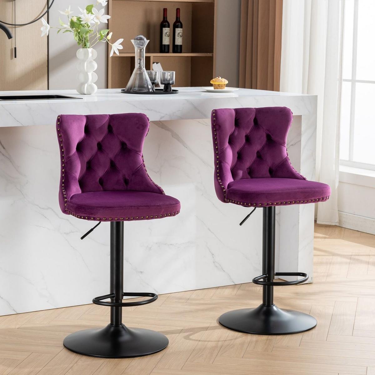 Swivel Velvet Barstools Adjusatble Seat Height from 25-33 Inch,17.7inch base, Modern Upholstered Bar Stools with Backs Comfortable Tufted for Home Pub and Kitchen Island,Purple,Set of 2