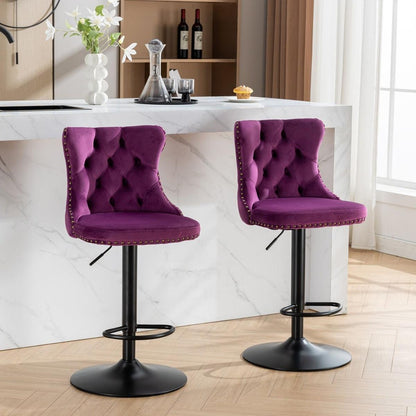 Swivel Velvet Barstools Adjusatble Seat Height from 25-33 Inch,17.7inch base, Modern Upholstered Bar Stools with Backs Comfortable Tufted for Home Pub and Kitchen Island,Purple,Set of 2