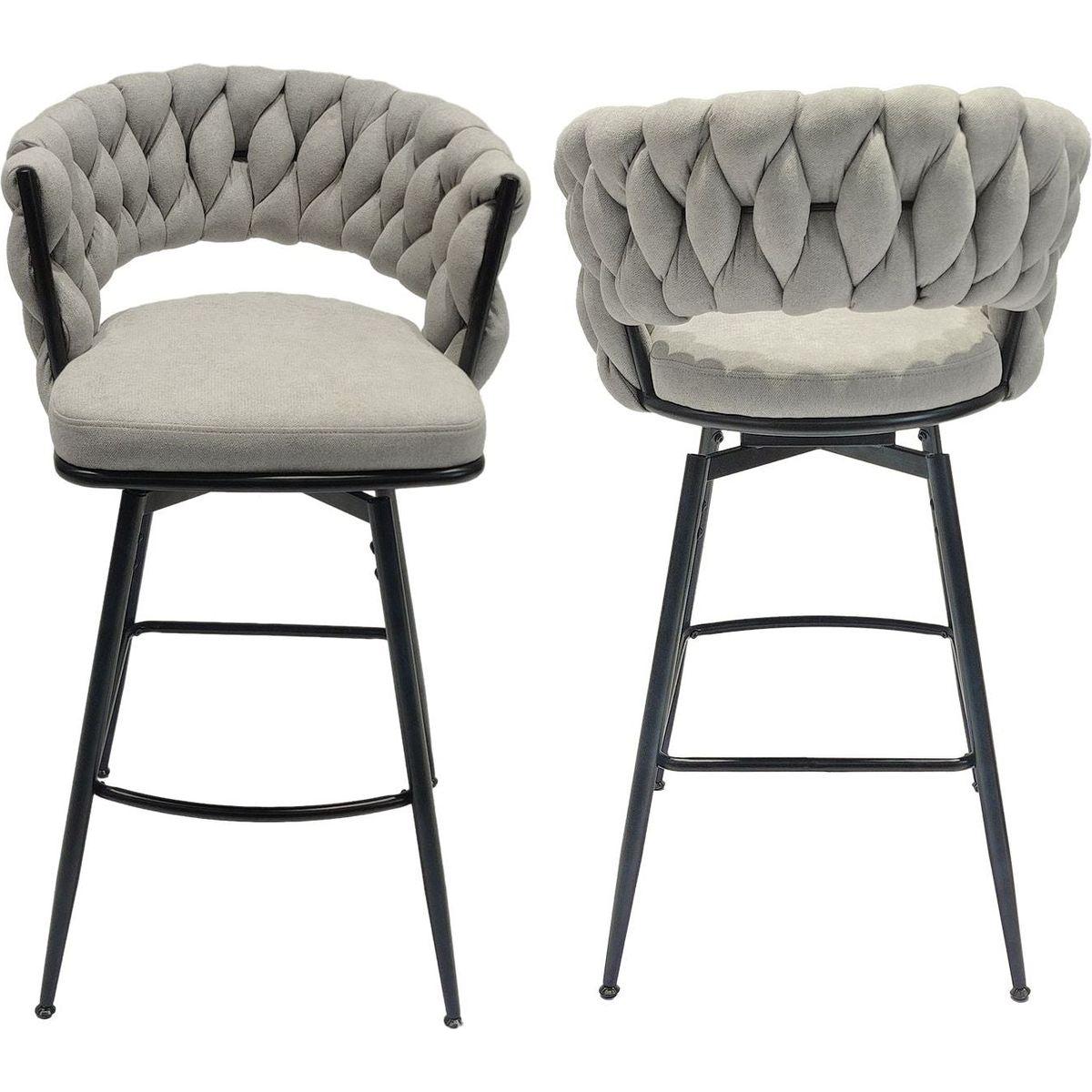 Bar Chair Linen Woven Bar Stool Set of 2,Black legs Barstools No Adjustable Kitchen Island Chairs,360 Swivel Bar Stools Upholstered Bar Chair Counter Stool Arm Chairs with Back Footrest, (Grey)