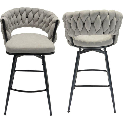 Bar Chair Linen Woven Bar Stool Set of 2,Black legs Barstools No Adjustable Kitchen Island Chairs,360 Swivel Bar Stools Upholstered Bar Chair Counter Stool Arm Chairs with Back Footrest, (Grey)