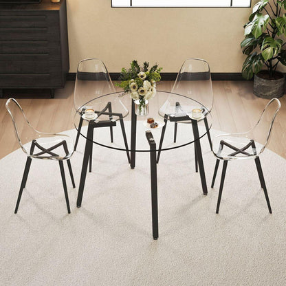 Modern simple style round transparent tempered glass table, black metal legs, 4-piece set of modern minimalist transparent dining chairs with black metal legs