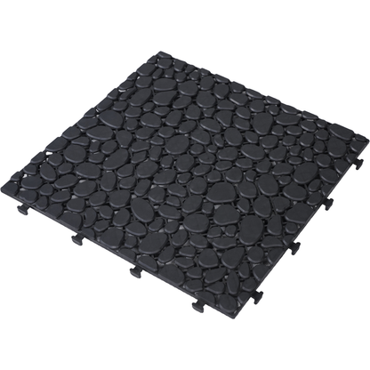 12 x 12 Inch Black Interlocking Deck Tiles Plastic Waterproof Outdoor All Weather Anti-slip Bathroom Shower Balcony Porch Strong Weight Capacity Upto 440 LBS, Pebble Stone Pattern Pack of 12