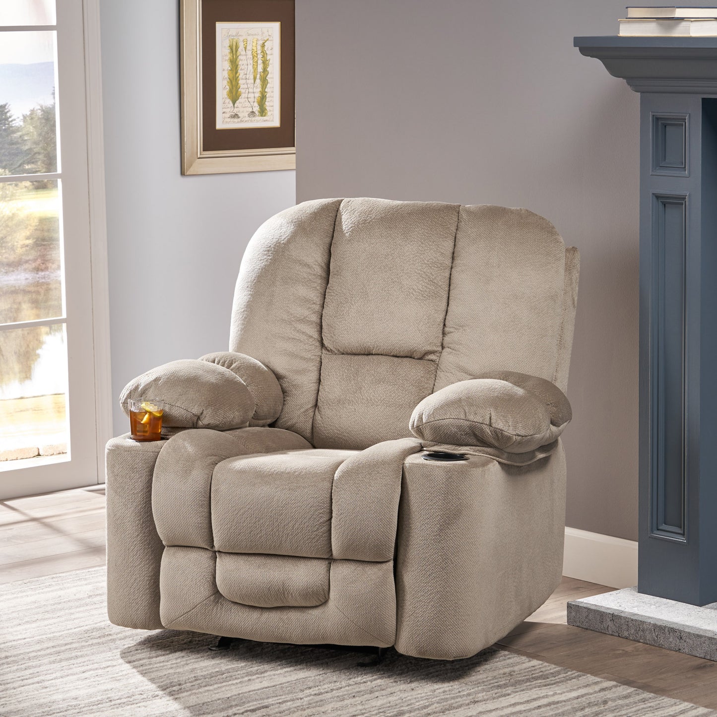 Luxurious Manual Recliner Chair in Coffee, Skin-Friendly Fabric, Dual Cup Holders