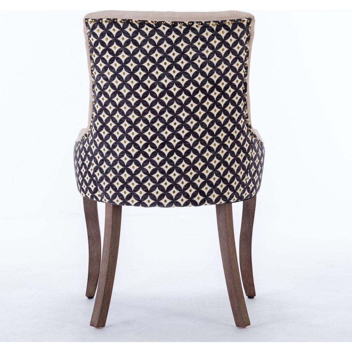 Ultra Side Dining Chair, Thickened fabric chairs with neutrally toned solid wood legs, Bronze nail head, Set of 2, Beige and Patterned