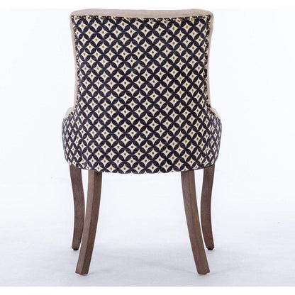 Ultra Side Dining Chair, Thickened fabric chairs with neutrally toned solid wood legs, Bronze nail head, Set of 2, Beige and Patterned