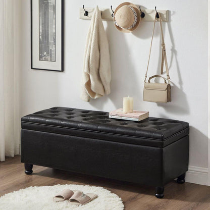 Upholstered tufted button storage bench, Faux leather entry bench with spindle wooden legs, Bed bench- Black