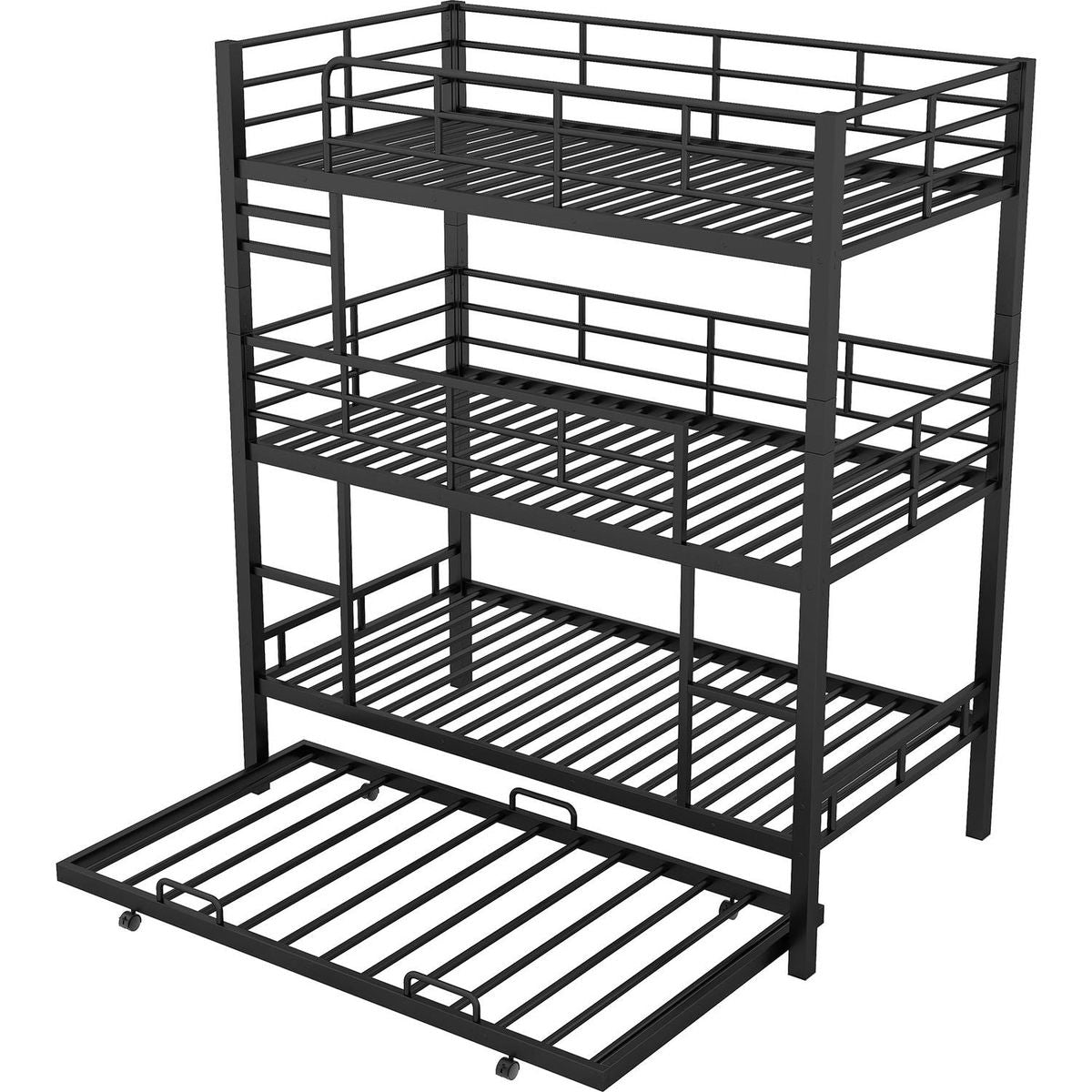 Metal Twin Size Triple Bunk Bed With Trundle, Black