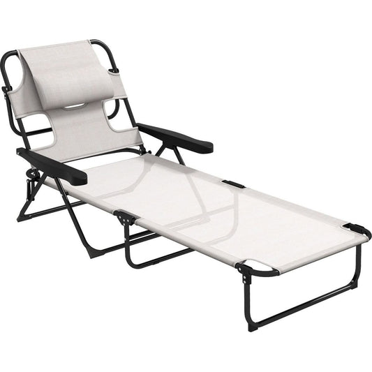 Tanning Chaise Lounge Chair, 4-Position Beach Chair with Face & Arm Holes, Pillow headrest, Adjustable Sunbathing Chair, Cream White