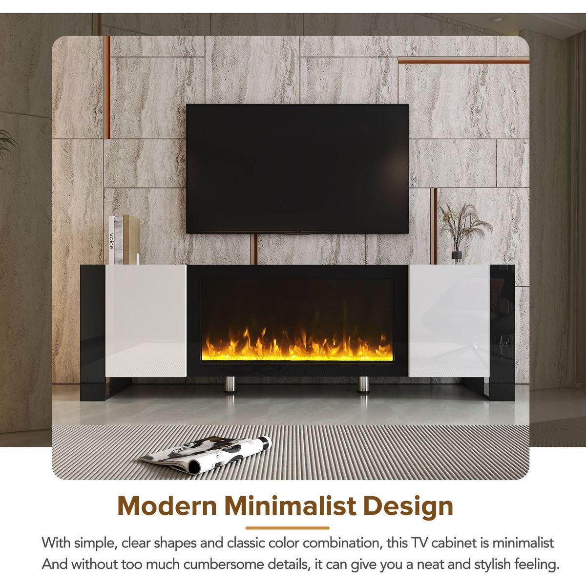 Modern TV Stand with 34.2" Non-heating Electric Fireplace, High Gloss Entertainment Center with 2 Cabinets, Media Console for TVs up to 78", White