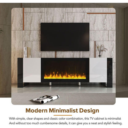 Modern TV Stand with 34.2" Non-heating Electric Fireplace, High Gloss Entertainment Center with 2 Cabinets, Media Console for TVs up to 78", White