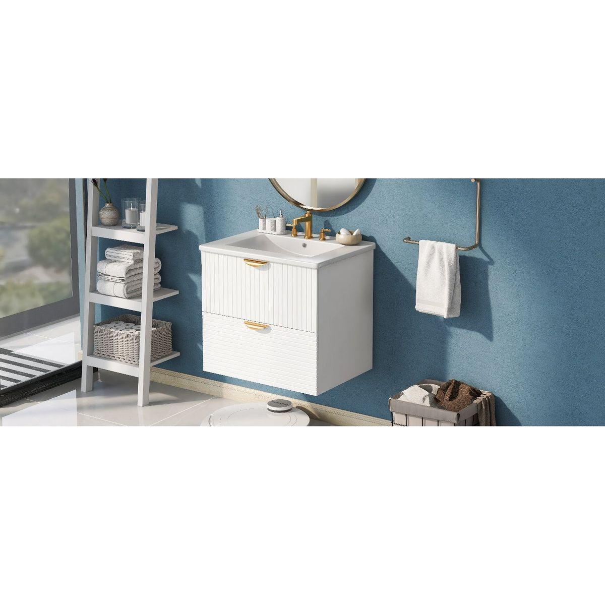 Modern 24-Inch Wall-Mounted Bathroom vanity with 2 Drawers, White - Ideal for Small Bathrooms