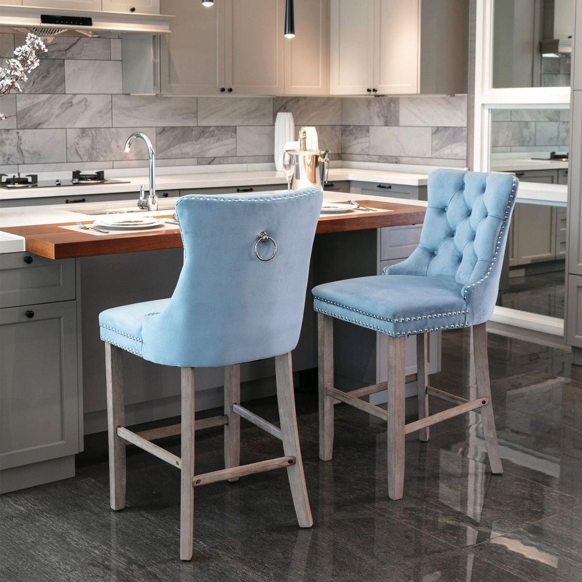 Contemporary Velvet Upholstered Barstools with Button Tufted Decoration and Wooden Legs, and Chrome Nailhead Trim, Leisure Style Bar Chairs,Bar stools, Set of 2 (Light Blue)