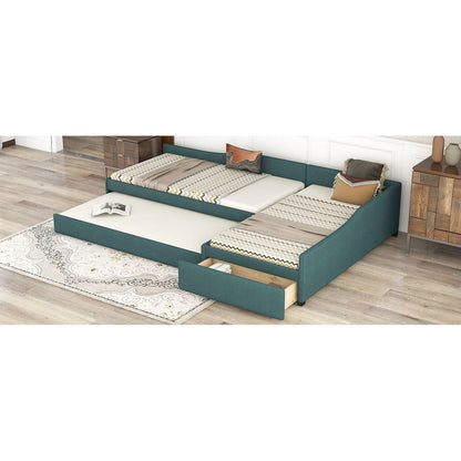 Upholstered Double Twin Size Daybed with Trundle and Drawer, Green