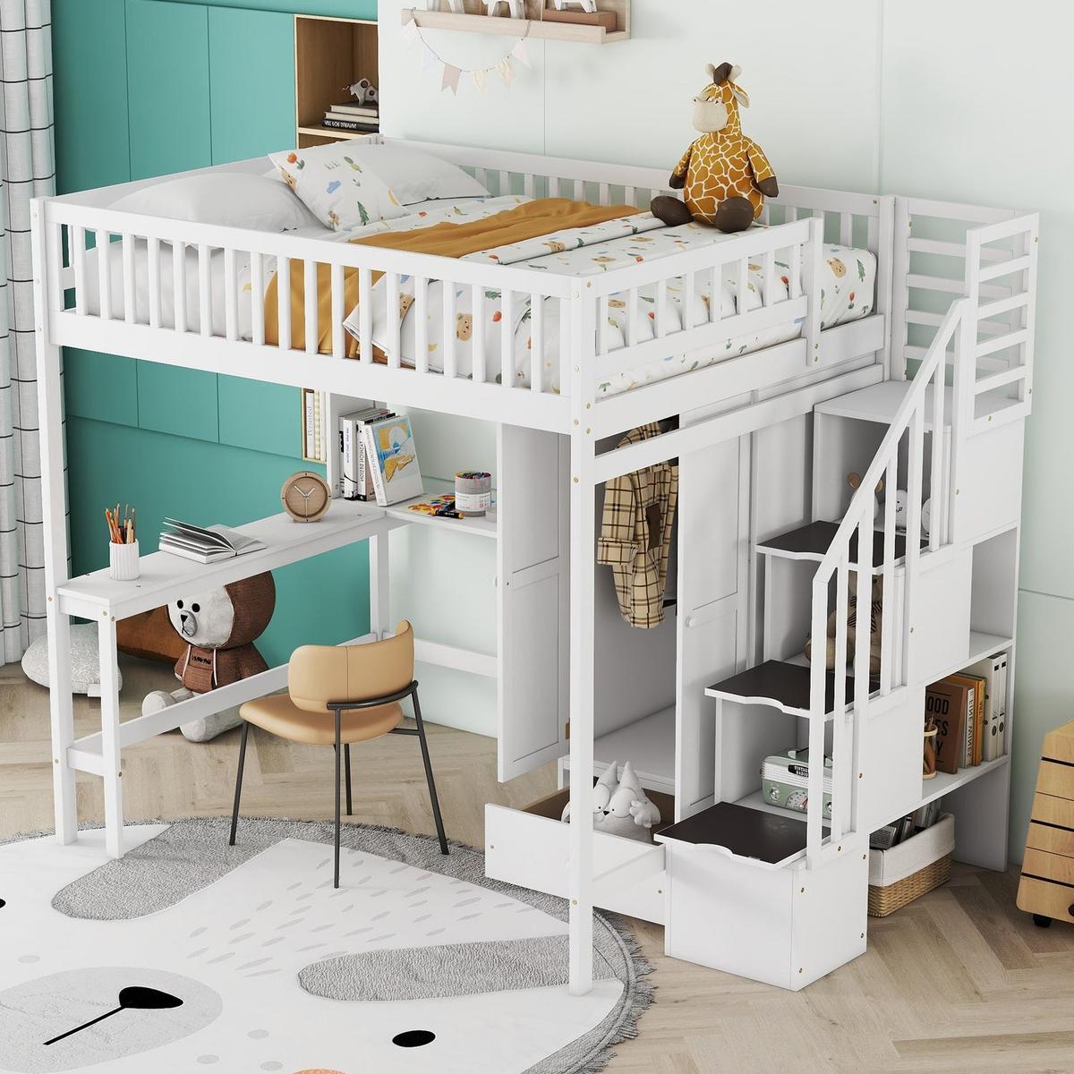 Full size Loft Bed with Bookshelf,Drawers,Desk,and Wardrobe-White